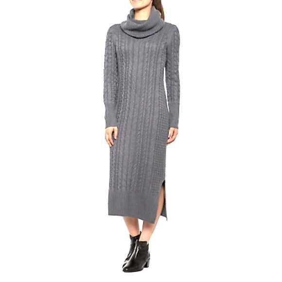 Tahari Dresses & Skirts - Tahari Women Size L Sweater Dress Storm Gray Cable Knit Cowl Neck Midi Sheath T3